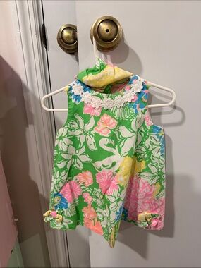 Lilly Pulitzer Green Floral Sleeveless Dress with Pink & Yellow Accents